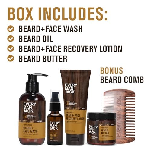 Every Man Jack Beard Essentials Gift Set for Men – Complete Routine with 5 Full-Size Essentials – Sandalwood Scent - Beard & Face Wash, Lotion, Oil, Butter & Comb