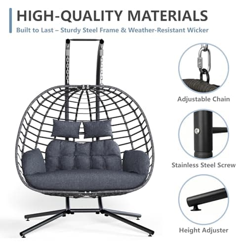 SWITTE Double Egg Swing Chair with Stand, Outdoor Patio 2 Person Hanging Wicker Hammock Chairs with Cushion for Indoor Bedroom, Lawn, Garden-Dark Grey