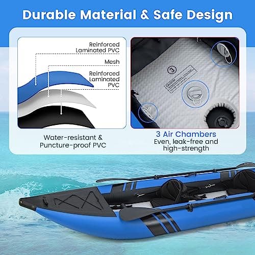 GYMAX Inflatable Kayak, 12.5Ft 507lbs Tandem Kayak with 2 Aluminum Paddles, 2 Padded Seats, Footrests, 2 Fins, Hand Pump, Carry Bag & Repair Kit, 2 Person Fishing Touring Kayak for Adults