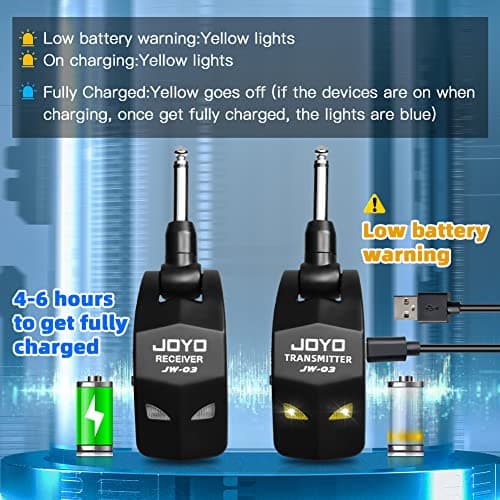 JOYO 2.4GHz Wireless Guitar System 4 Channels Rechargeable Audio Wireless Transmitter Receiver for Guitar Bass Electric Instruments (JW-03)