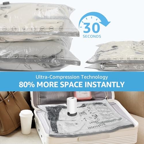 Vacuum Bags for Travel with Rechargeable Pump, 3 Sizes Vacuum Seal Bags for Clothing, Compression Vacuum Travel Bags for Luggage, Vacuum Packing Bags for Closet Organization (15 Combo Travel Size)