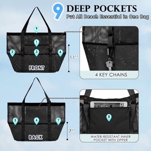 Fammart Mesh Beach Bag, Large Beach Tote with Zipper Pocket, Toys Pool Bag for Family Travel Vacation Cruise Essentials