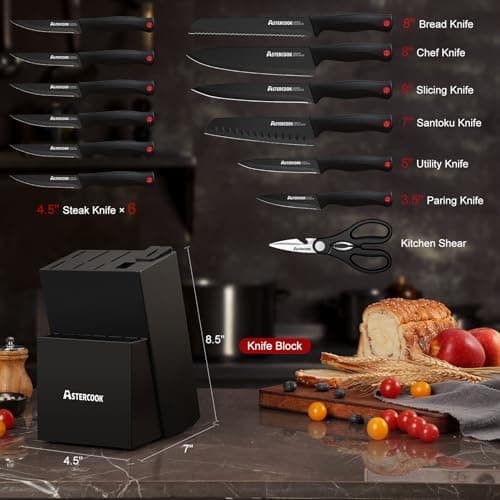 Stainless Steel Kitchen Utensils Set Dishwasher Safe Astercook Knife Set for Kitchen with Block and Sharpener 15pcs German B0C1YBPJ43