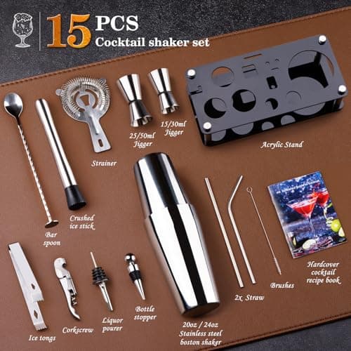 Bar Sets All Practical Bars Accessories, 18/8 Stainless Steel, for Drink Mixing, Bar, Home, Lounge & Party, Gift, Silver Wukuna Cocktail Shaker Bartender Kit, 15 Pcs Bar Tool with Acrylic Stand B0CH9K479X