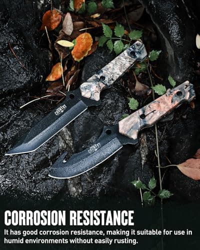 Mossy Oak Fixed Blade Hunting Knife Set - 2 Piece, Full Tang Handle Straight Edge and Gut Hook Blades Game Processing Knife, Sheath Included - Yellow Camo