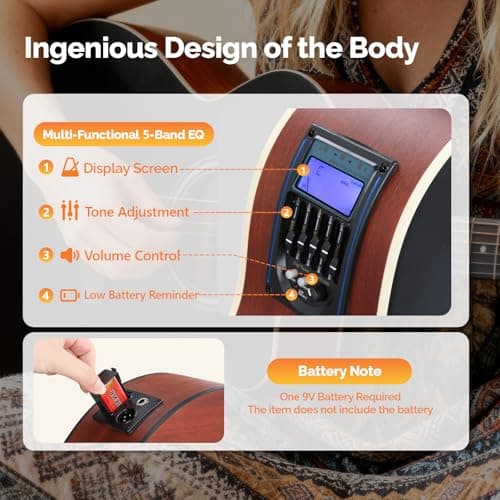 GLARRY 41in Full Size Acoustic Electric Guitar Beginner Kit with 15W Amp, 5-band EQ Cutway Design 6 Strings Electric Acoustic Guitar with Bag, Strap, Picks, Strings, Wrench (Black)