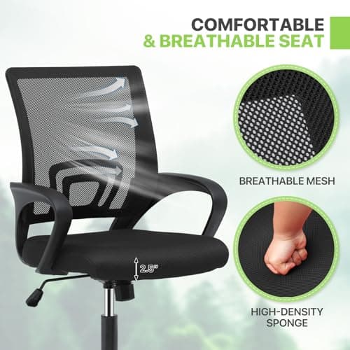 Magshion Ergonomic Office Desk Chair, Mid-Back Mesh Computer Chair, Swivel Chair with Breathable Backrest & Lumbar Support, Adjustable Height for Gaming, Work, Study, 300 Lbs Capacity, Black