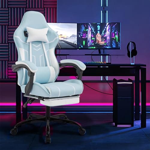 Gaming Desk Chair for Adults, Ergonomic Gaming Chair with Footrest & Headrest and Lumbar Support, Leather Material Height Adjustable Computer Video Game Chairs (Blue+White)