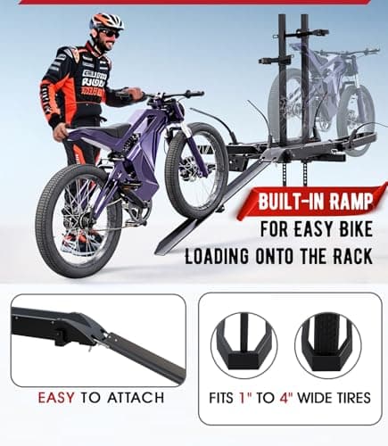 Ebike Rack with Ramp, Foldable Bike Rack for Tow Hitch, Heavy Duty Bike Carrier for 2 Fat Tire Bikes with 300LBS Load Capacity - Fits SUV, Truck, Trailer, RV