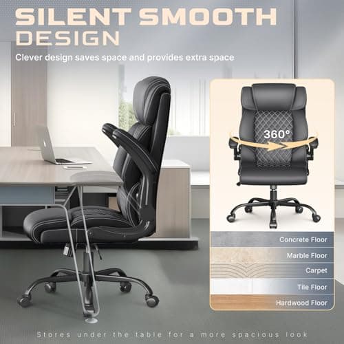 Office Chair-Executive High Back Breathable Big and Tall Office Chair Flip-up Armrests Lumbar Support-Ergonomic Leather Rolling Swivel Chair with Rock Function for Working Studying Gaming,Black