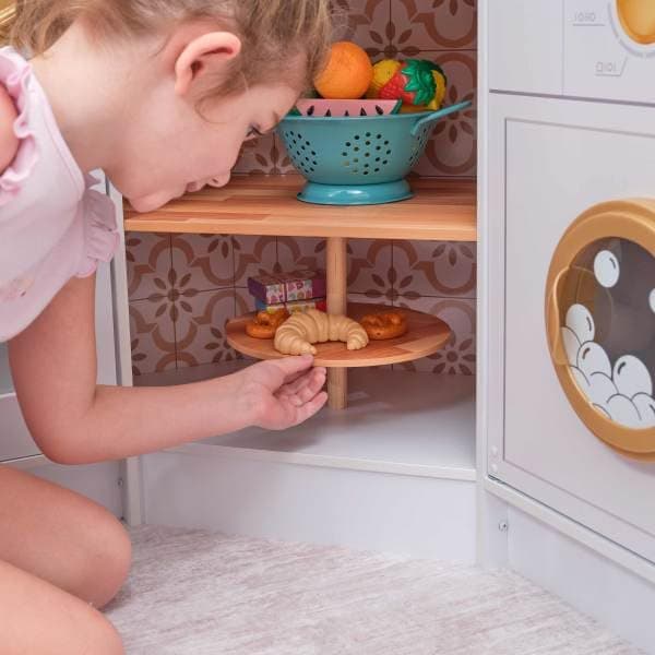 KidKraft Ultimate Corner Wooden Play Kitchen with Lights & Sounds, Play Phone and Curtains, White