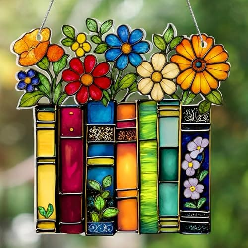 Book Lovers Gifts for Women, Book Ornament Faux Stained Glass Window Hanging, Bookish Gifts for Teacher, Librarian, Reader, Bookworm, Christmas Stocking Stuffer Tree Decorations (Floral Shelf)