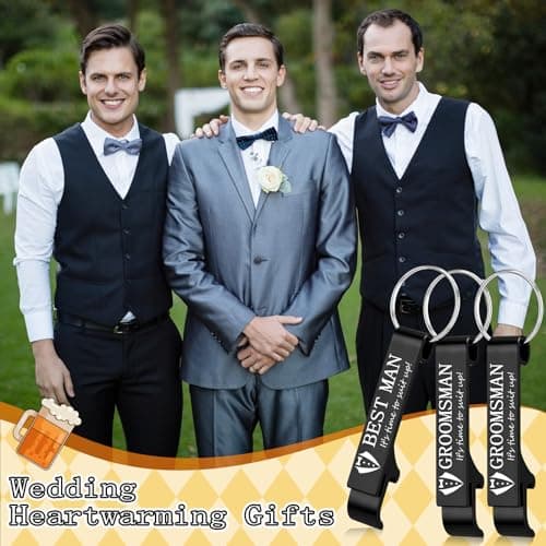 Aluminum Beer Wine Opener for Mens Bachelor Party, Groomsmen Proposal Gift Set Includes 9 Groomsman and 1 Best Man Jingmore 10 Pcs Groomsmen Bottle Opener Keychain Wedding Party Bulk, Black B0FQNWRHCS