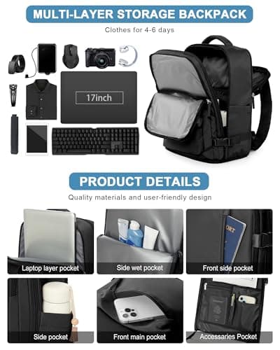 VGCUB Large Travel Backpack with Storage Compression Seal Bags for Clothing with Pump Vacuum System Carry on Personal Item Work Business Vacpack Laptop Backpack for Women Men Black