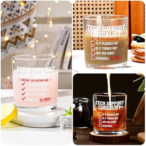 Futtumy Cool Tech Gifts for Men, 10OZ Tech Support Checklist Whiskey Glass, Best Tech Gifts for Men 2025 IT Tech Guys Him Computer Programmers Dad Father Husband Brother Boyfriend, Technology Gift