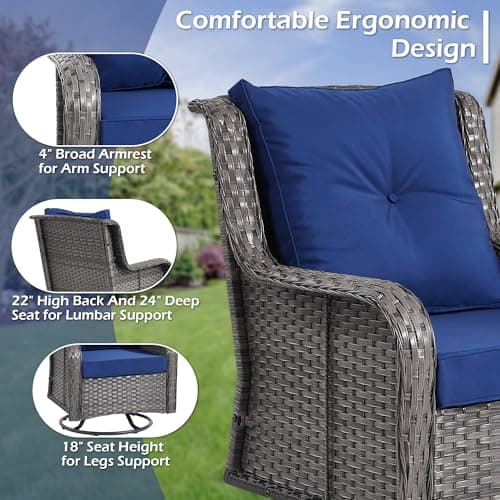 Wumiokio Patio Furniture Sets, 3 Pieces Wicker Outdoor Furniture - 360 Degree Swivel Rocking Chairs and Rattan Side Table for Garden,Porch,Backyard (Grey Wicker/Blue Cushion, 3PCS - Swivel Chairs)