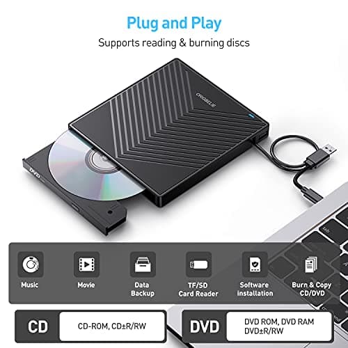 ORIGBELIE External CD DVD Drive, Ultra Slim CD Burner USB 3.0 with 4 USB Ports and 2 TF/SD Card Slots, Optical Disk Drive for Laptop Mac, PC Windows 11/10/8/7 Linux OS
