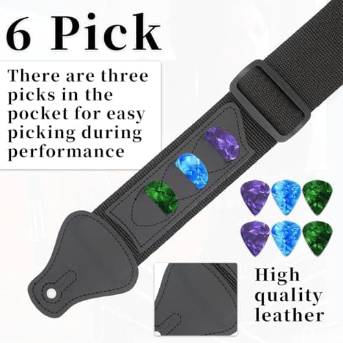 Qiifaiikooii Guitar Strap With 3 Pick Holders,6 Pcs Picks Guitar Accessories,Easy to Install(Black)