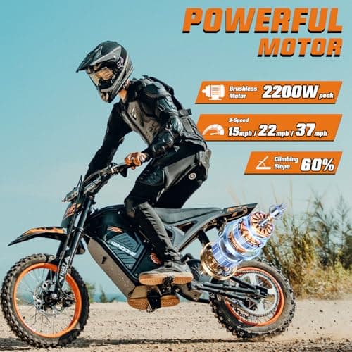 Windone RM7 Electric Dirt Bike for Teens & Adults, 2200W Peak Ebike, 48V 22.5Ah, 37MPH & 45-Mile Electric Motorcycle, 14"/12" Off-Road Tire E-Bike, Dual Hydraulic Brakes, Full Suspension, Fit Age 13+