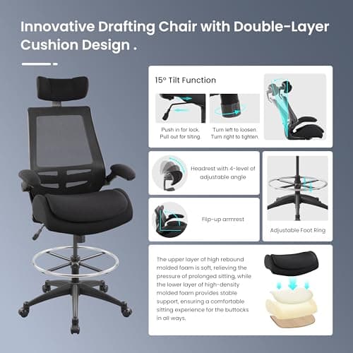 BOLISS Big and Tall Drafting Chair 400lbs - High Back Ergonomic Office Chair for Standing Desk with Double Thick Seat Cushion, Adjustable Foot Ring, Lumbar Support & Flip Up Armrests (Black)