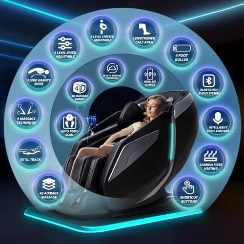 HealthRelife 4D Massage Chair Full Body Zero Gravity Recliner - 55“ SL-Track,15 Auto Modes,11 Massage Technique,40 Airbags Massage,with Yoga Stretch,APP Control,Shiatsu Foot Massage(Black)