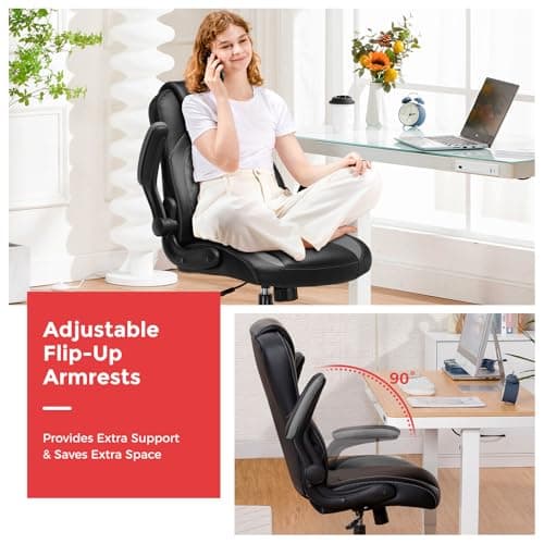 COMHOMA Office Computer Gaming Chair Ergonomic Desk Chair for Adults with Lumbar Support Flip-Up Arms Adjustable Height Swivel Wheels PU Leather Executive Design for Short People Use, Gray