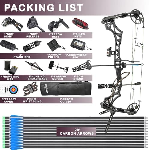 Compound Bow Kit, Hunting and Target, Limb Made in USA,Draw Weight 30-70 lbs Adjustable, Draw Length 19-30.5",up to IBO 320FPS Speed, Package with Archery Hunting Accessories