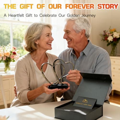 Anniversary Wedding Gifts for Couple - Two Hearts and Cross Iron Sculpture, 1st to 50th for Her and Him,Decorative Hearts Statue Includes Present Box and Poem Card