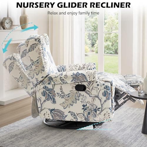 Swivel Glider Floral Recliner Chairs Set of 2, High Back Swivel Rocker Fabric Accent Chair for Living Room, Rivet Trim Upholstered Armchair Manual Sofa Seating - Plants Blue