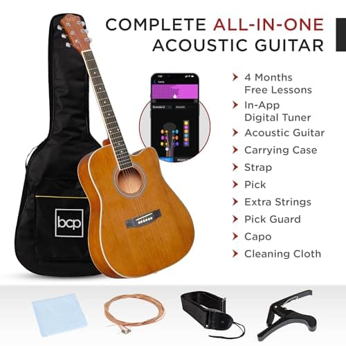 Best Choice Products 41in Beginner Acoustic Guitar Full Size All Wood Cutaway Guitar Starter Set w/Case, Strap, Capo, Strings, Picks - Natural Mahogany