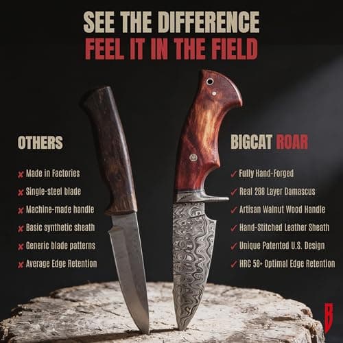 BIGCAT ROAR Predator Hunter - Patented Handmade Damascus Steel Fixed Blade Hunting Knife 10" - Walnut Wood Handle & Leather Sheath - Bushcraft Outdoor Skinning & Survival Knife - Collector Men Gifts