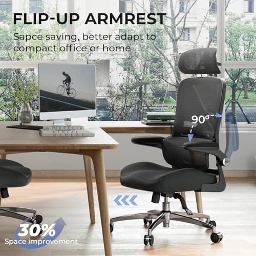 Ergonomic Office Chair with Headrest, Lumbar Support, Flip-Up Armrests, Thick Memory Foam Seat - 350lbs Capacity, Adjustable Height for Big & Tall, Perfect for Home Office Studios