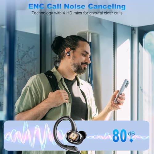 Hupoaf Wireless Earbuds Sport, New Bluetooth 5.4 Headphones with Earhooks, 50H Stereo Deep Bass Over Ear Buds with 4 ENC Noise Canceling Mics, IP7 Waterproof Earphones for Running Workout Gym -Black