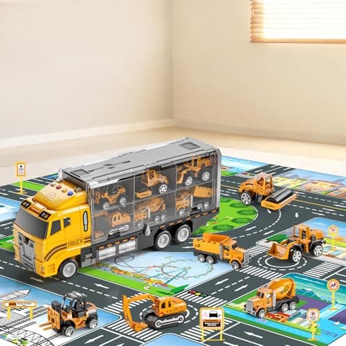 NIPLOOOW Kids Boys Construction Truck Vehicle Toy Set with Play Mat and Die-Cast Toy Car, Transport Carrier Truck for Kids 3-5, Birthday Gifts Toys for 3-8 Year Old Boys B0D7M51TRB