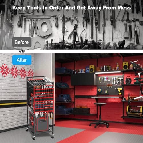 Floor Standing, Large Garage Rolling Storage Cart on Wheels, Heavy Duty Drill Battery Storage Rack, with 8 Outlet Power Strip JUNNUJ Power Tool Organizer Cart with Charging Station, 6 FT Cord, Red B0D1QVKWGH