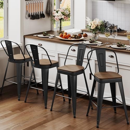 ALISH 26 Inch Industrial Bar Stools Set of 4, High Back Metal Barstools with Large Wood Seat, Counter Height Bar Chairs for Kitchen Island (26 Inch Set of 4, Black)