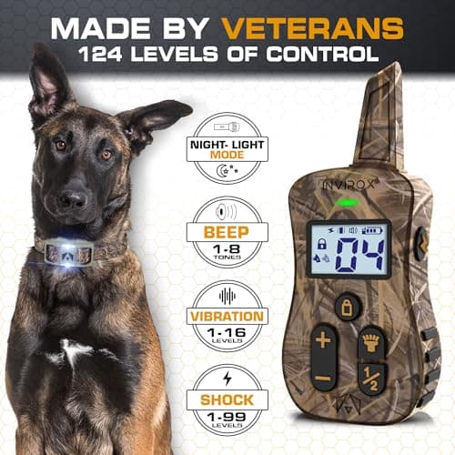 INVIROX Dog Shock Collar [Ultra K9] 124 Training Levels, 4 Powerful Modes with Night-Light and ¾ Mile Range 100% Safe Dog Training Collar for Large Dogs IP67 Waterproof (X2 Camouflage)