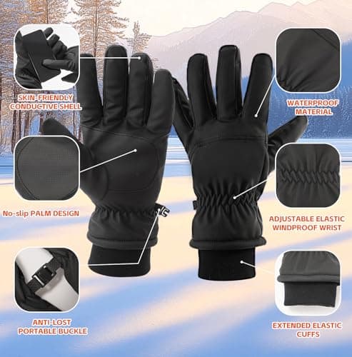Jeniulet Waterproof Winter Gloves for Men Warm Ant-slip Touchscreen Ski Snow Cycling Running Cold Weather Long Fleece Lining