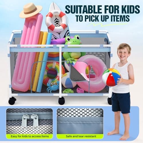 Pool Float Storage - Outdoor Pool Toy Storage Organizer for Pool Noodles, Toys, Floats, Beach Balls, and Equipment, Above Ground Pool Accessories, Rolling Outdoor Pool Storage Bin with Zipper Design