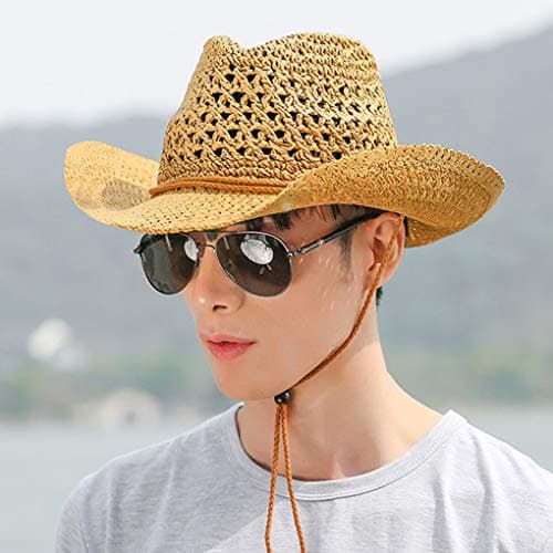 FakeFace Men's Floppy Packable Straw Hat Beach Cap Newsboy Fedora Sun Hat, Big Brim, Adjustable Chin Strap
