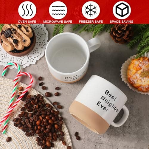 6 Set Christmas Gifts for Neighbors Best Good Neighbor Ever Gifts Ceramic Coffee Mugs Set with Box, Ribbon, Pine Branch for Xmas Holiday Neighborhood Treats Housewarming Goodbye Farewell Appreciation