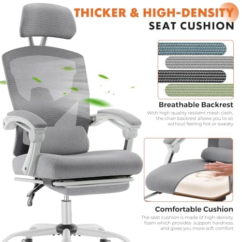 Sweetcrispy Office Computer Desk Chair with Footrest,Ergonomic High-Back Mesh Rolling Work Swivel Chairs with Wheels,Comfortable Lumbar Support,Comfy Arms for Home,Bedroom,Study,Student,Light Grey