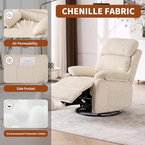 Adult 360° Rocking Recliner Chair，Nursery Rocker Reclining Chair with Side Pocket, a Comfy upholstered Single Sofa Armchair. Suitable for Living Room, Bedroom Nursing use, Velvet Fabric in Beige