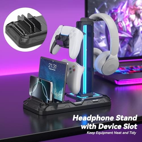 KDD Headset Stand with Charging Station - Detachable Controller Holder with 9 Light Modes - Rotatable Headphone Hanger with USB A&C Charger Ports - Earphone Hook for PC Gaming Accessories Storage B0DGGH8KN1