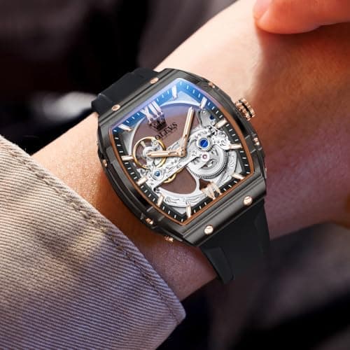 OLEVS Watch for Men Skeleton Automatic Tonneau Silicone Strap Business Luxury Waterproof Luminous Mechanical Men Wrist Watch