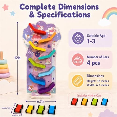 Montessori Toys for 2 Year Old Girls and Boys; Wooden Car Ramp for Cause-and-Effect and Hand-Eye Coordination; Birthday Gift Unicorn Car Ramp Toys for Toddlers 1-3, Wooden Race Track with 4 Mini Cars B0H7HBYL82