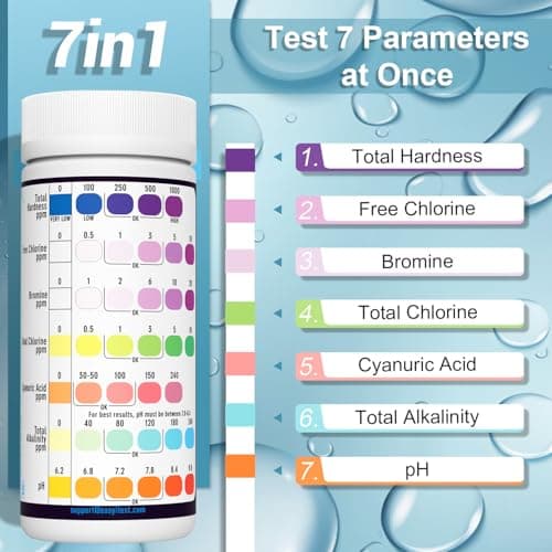 EASYTEST 7-Way Pool Test Strips, 150 Strips Water Chemical Testing for Hot tub and Spa, Accurate Test Bromine, Total Alkalinity, pH, Free Chlorine, Total Hardness, Cyanuric Acid, and Total Chlorine