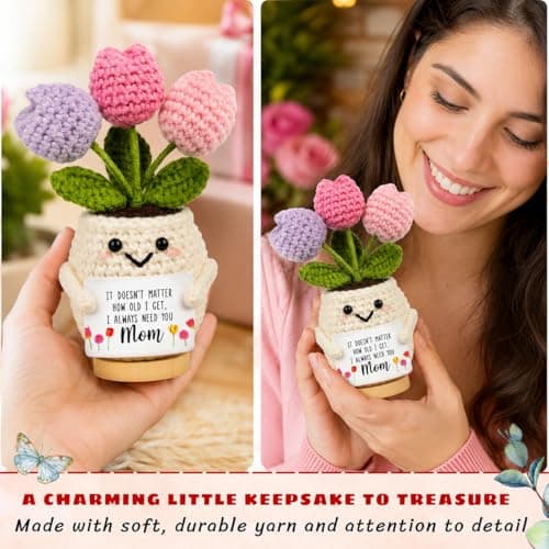 Handmade Positive Tulip Flower Crochet Teacher Appreciation Gifts-Delicate Crochet Flowers Doll, Inspirational Gift Knitted Potted Flowers Desk Decor, Thank You for Women, End of Year Teacher Gifts B0H2WDH3M5