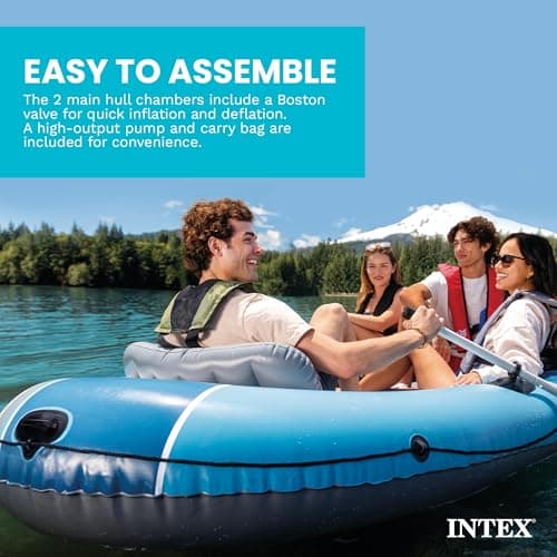 INTEX 66324EP Excursion 4 Inflatable Boat Set: Includes Deluxe 54in Aluminum Oars and High-Output Pump – Adjustable Seats with Backrest – Fishing Rod Holders – 4-Person – 1100lb Weight Capacity