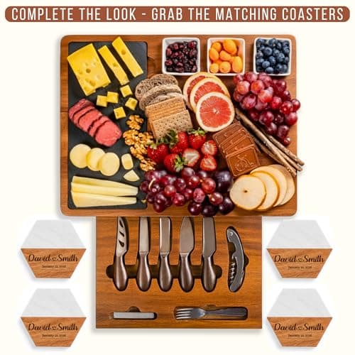 Personalized Acacia Wood Charcuterie Board Set with Stainless Steel Knives – Custom Cheese Board Gift for Wedding, Christmas, Housewarming, Bridal Shower, Anniversary, Women and Couples, Gifts for Her
